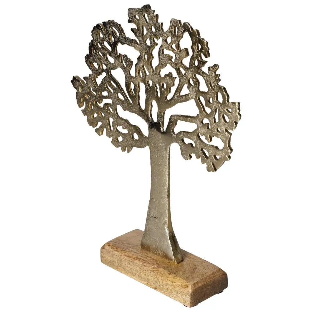 Metal stand tree on mango wood base showcasing elegance and modern aesthetics, crafted by Sylvia Crystals.