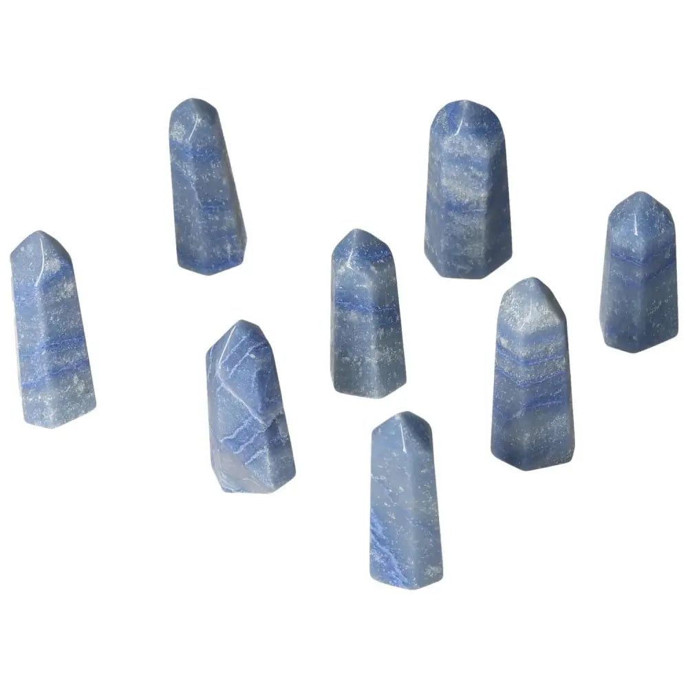 Mini Point Blue Quartz crystal collection for calm, communication, and clarity; supports throat and third eye chakras. Blue hue.