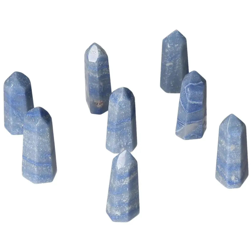 Mini Blue Quartz Points for calm and clarity, promoting peace and focus, supporting throat and third eye chakras.