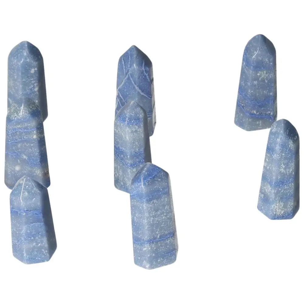 Mini Point Blue Quartz stones for calm, communication, and clarity, promoting peace and supporting throat and third eye chakras.