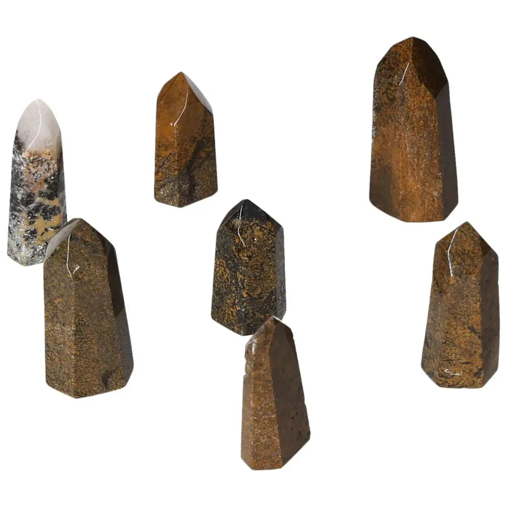 Mini Point Mahogany Obsidian stones with protective aura; absorbs and neutralizes negative energy, enhancing protection and focus.