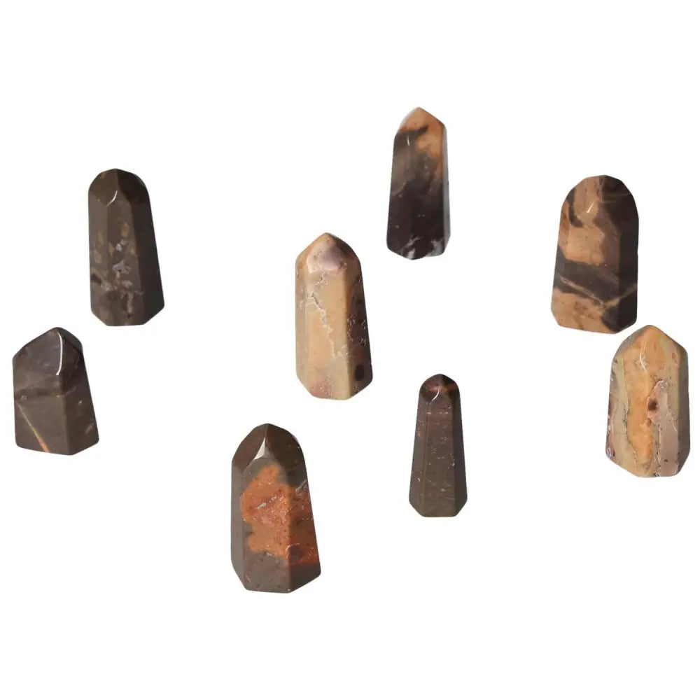 Mini Point Tiger Jasper stones for stress relief, promoting peace and balance, with natural hues enhancing well-being and determination.