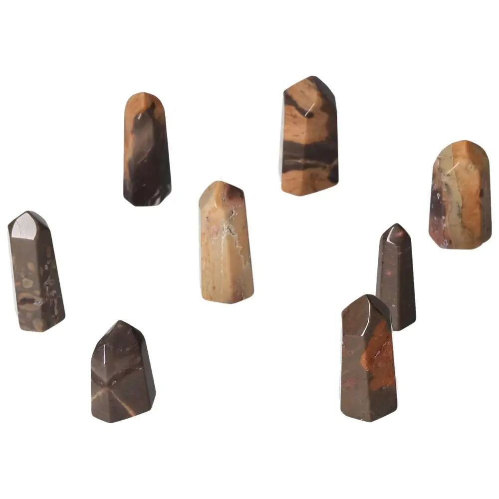 Mini Point Tiger Jasper stones for harmony, stress relief, and balanced energy.