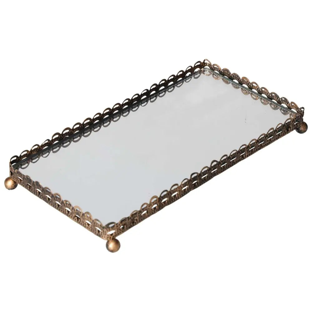 Rectangular mirrored tray with ornate bronze edging for elegant home decor