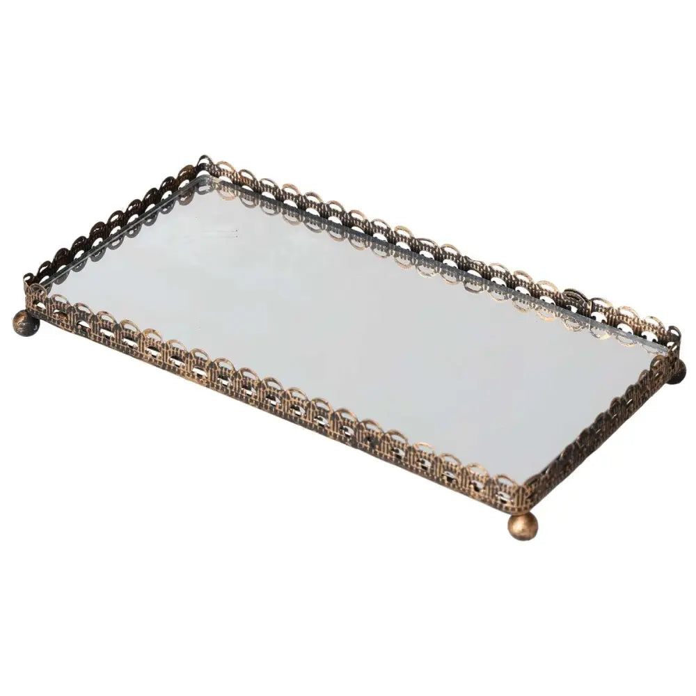 Elegant mirrored decorative tray with ornate lace border and four spherical feet, perfect for luxury home decor accents.