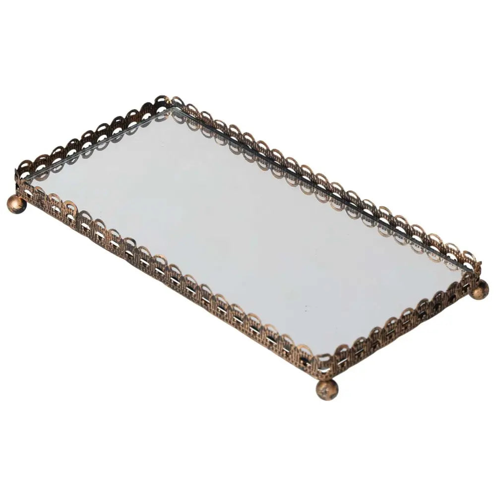Rectangular decorative mirrored tray with ornate edges and small metal feet, perfect for luxury home decor display or serving purposes.