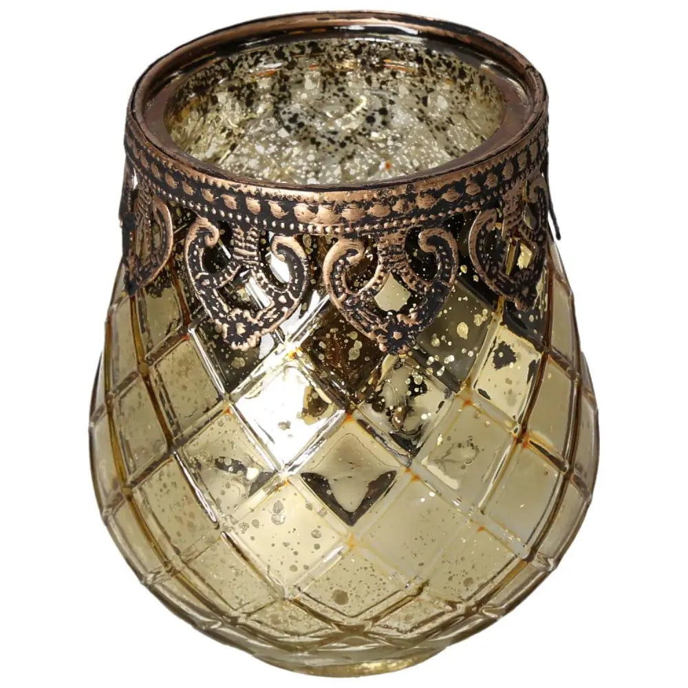 Ornate glass lantern with intricate metallic trim, showcasing Moroccan craftsmanship and luxury.