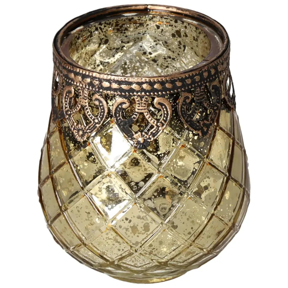 Elegant Moroccan-style glass lantern with intricate bronze detailing, exuding luxury and sophistication from Sylvia Crystals' exclusive collection.