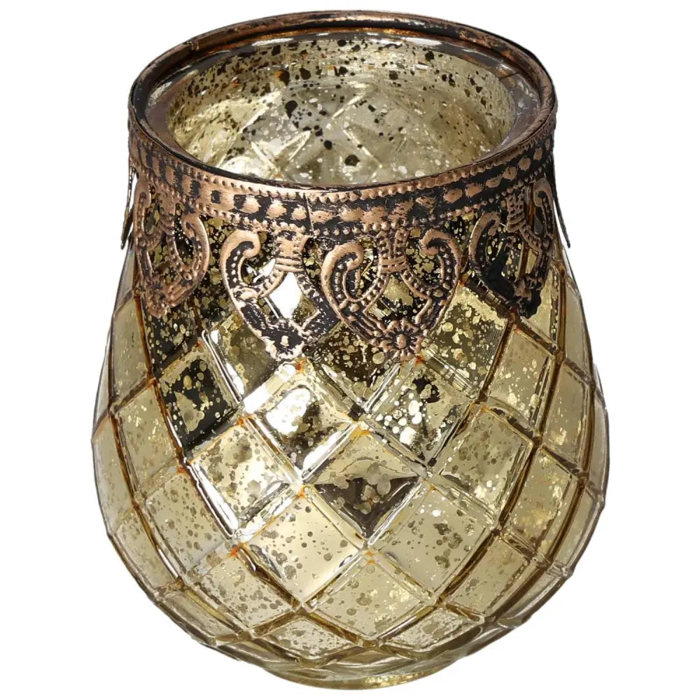 Intricately designed Moroccan Style Lantern with golden hues and ornate detailing from Sylvia Crystals.