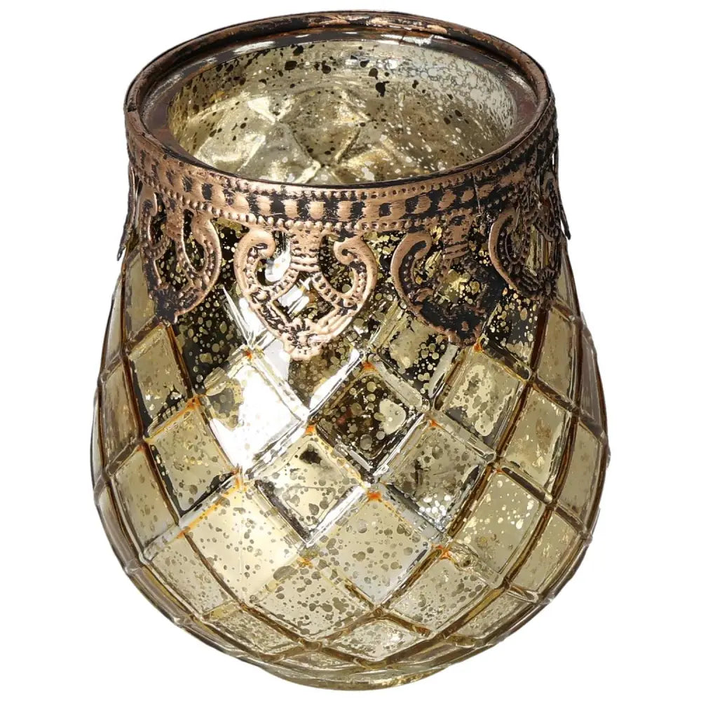 Elegant Moroccan style lantern with intricate bronze detailing and glass mosaic design, by Sylvia Crystals.