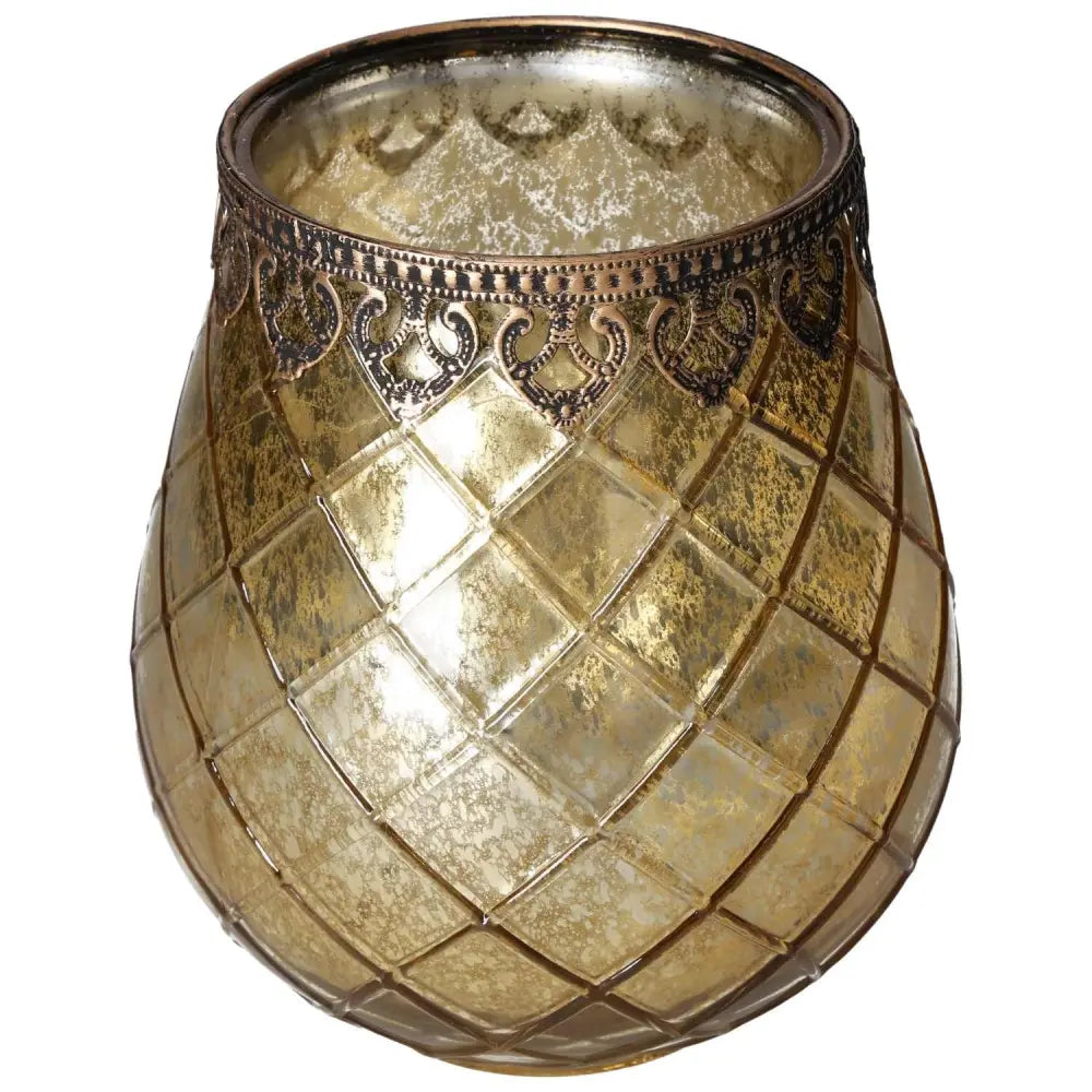 Elegant Moroccan style lantern with intricate geometric patterns and luxurious golden finish, embodying Sylvia Crystals' spiritual design.