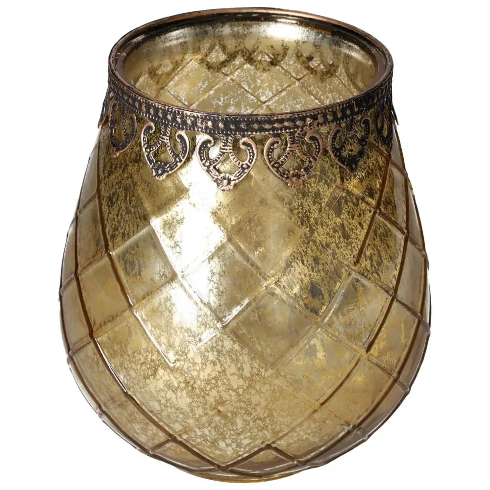 Golden Moroccan style lantern with intricate metal patterns, embodying luxury and spirituality for a captivating home décor accent.