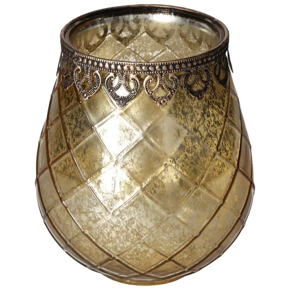 Golden Moroccan style lantern with intricate pattern and ornate detailing.