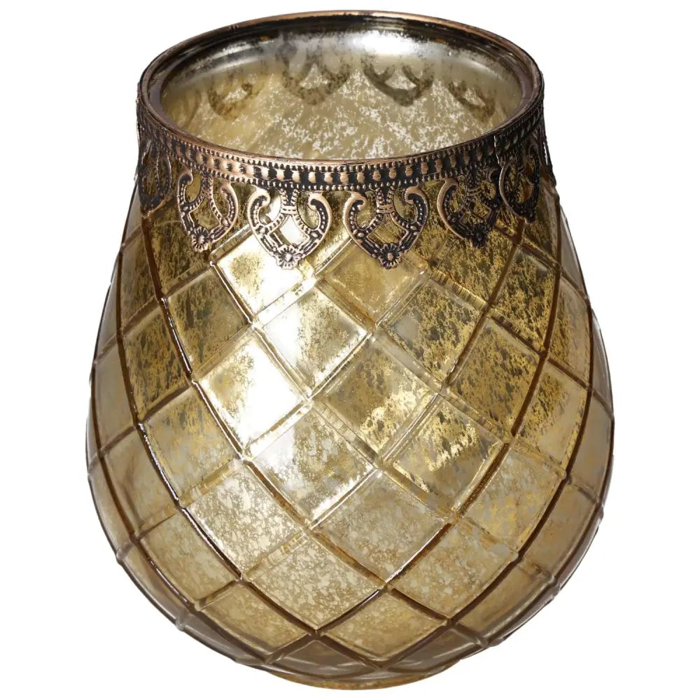 Golden Moroccan Style Lantern with intricate geometric patterns and Sylvia Crystals border, embodying luxury and spiritual design.