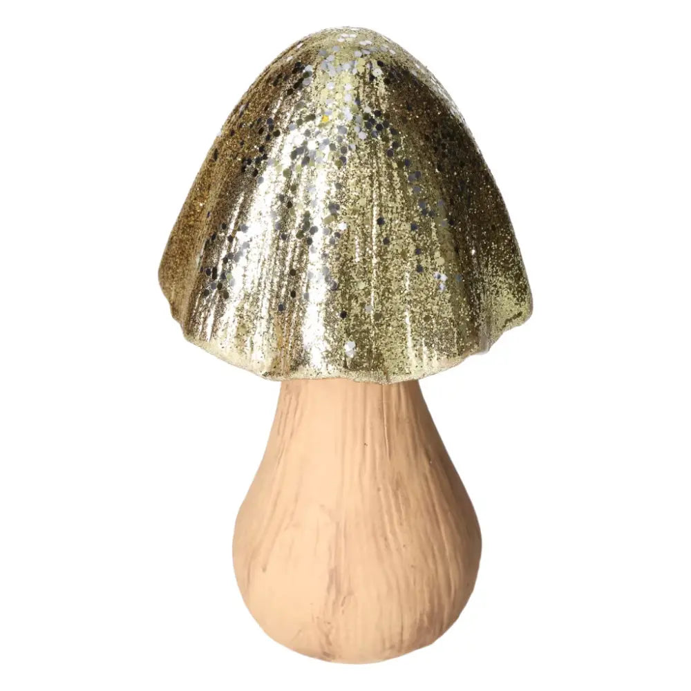 Gold ceramic mushroom sculpture by Sylvia Crystals, blending elegance and enchantment, perfect for spiritual and decorative harmony.