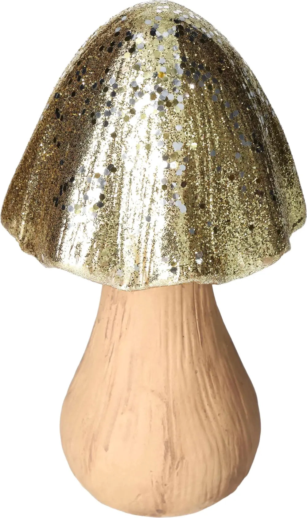 Ceramic gold mushroom sculpture by Sylvia Crystals, combining elegance and charm in decorative art form.