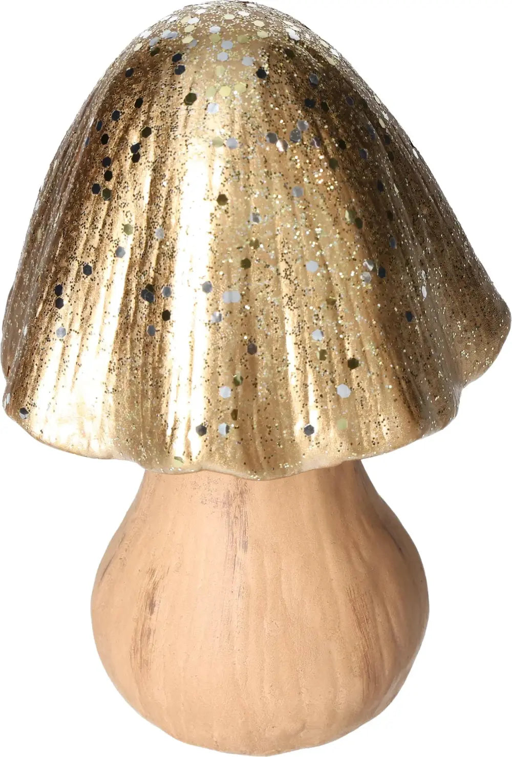Luxurious gold ceramic mushroom ornament, handcrafted by Sylvia Crystals for elegant home decor display.