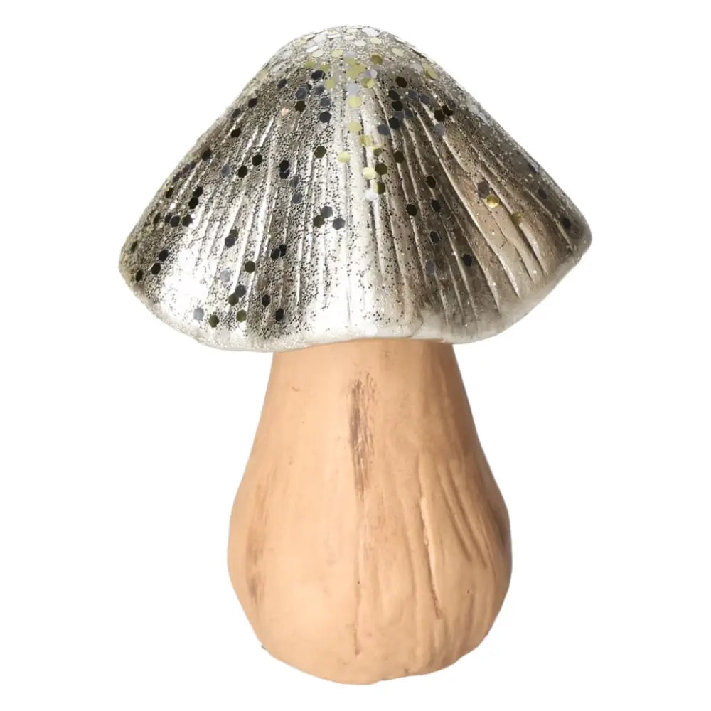 Ceramic silver mushroom sculpture by Sylvia Crystals, showcasing luxury and elegance in home decor.