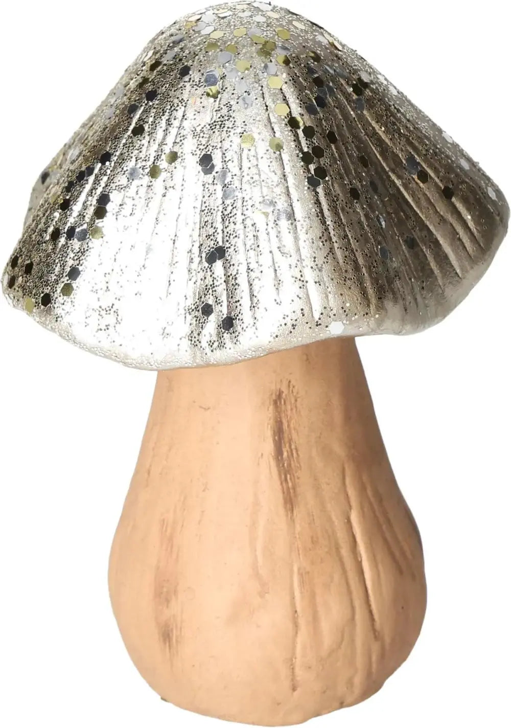Silver ceramic mushroom sculpture from Sylvia Crystals, showcasing luxury and elegance with a natural artistic design.