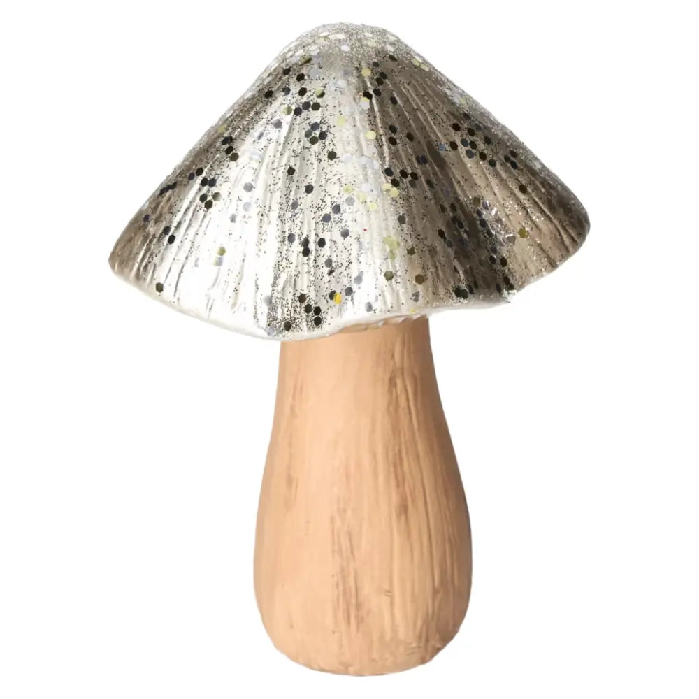 Silver ceramic mushroom by Sylvia Crystals featuring a luxurious design, embodying beauty and spirituality.