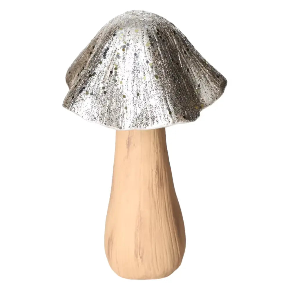 Decorative ceramic silver mushroom ornament from Sylvia Crystals, handcrafted with a blend of spirit and matter for luxury decor.