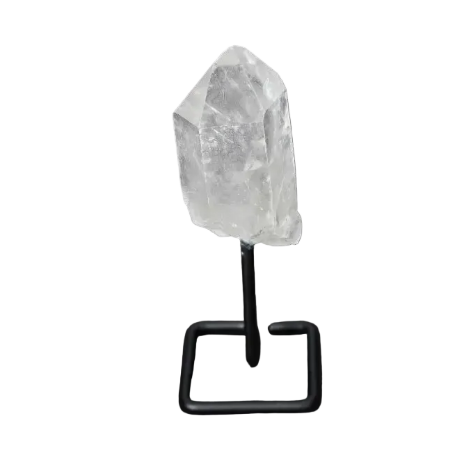 Natural Clear Quartz Point on stand for energy amplification and clarity in meditation and manifestation practices.