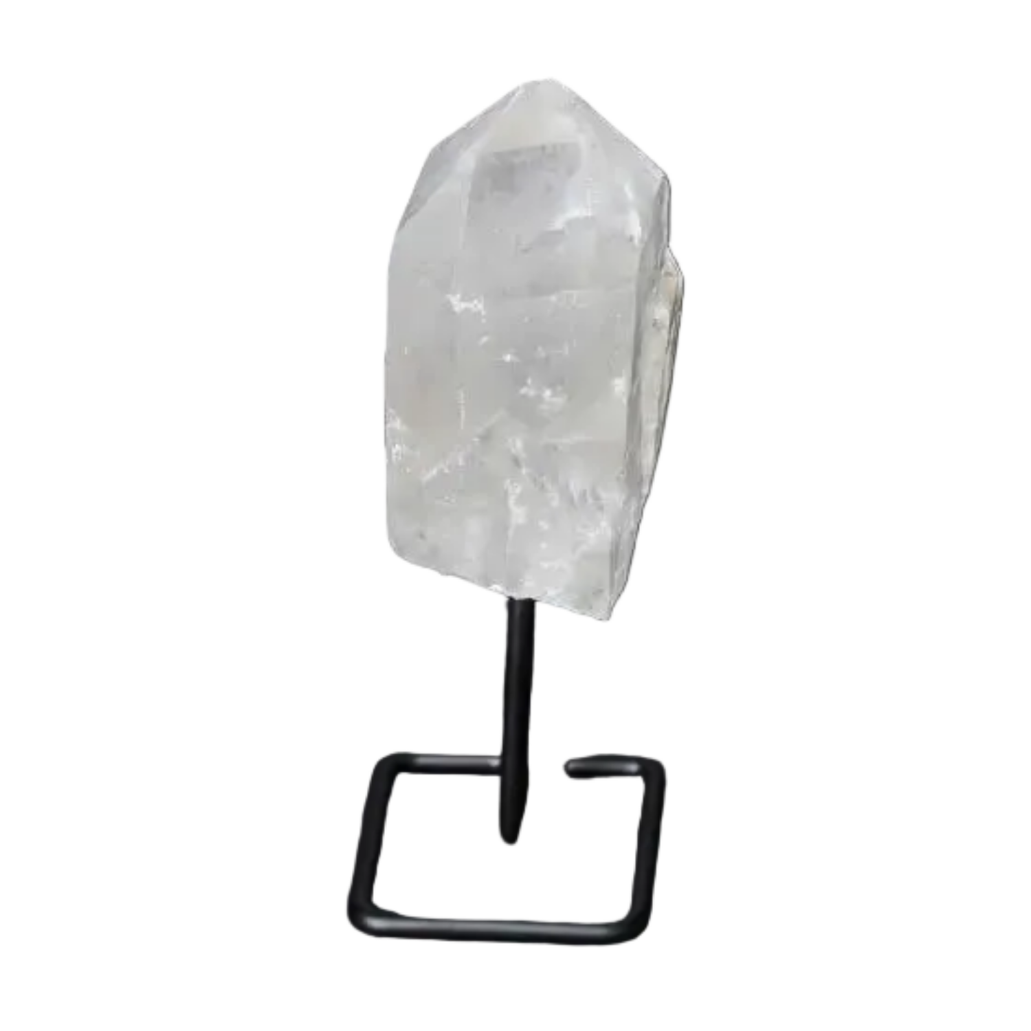 Natural Clear Quartz Point on a stand, enhancing energy and clarity, perfect for meditation and home decor.