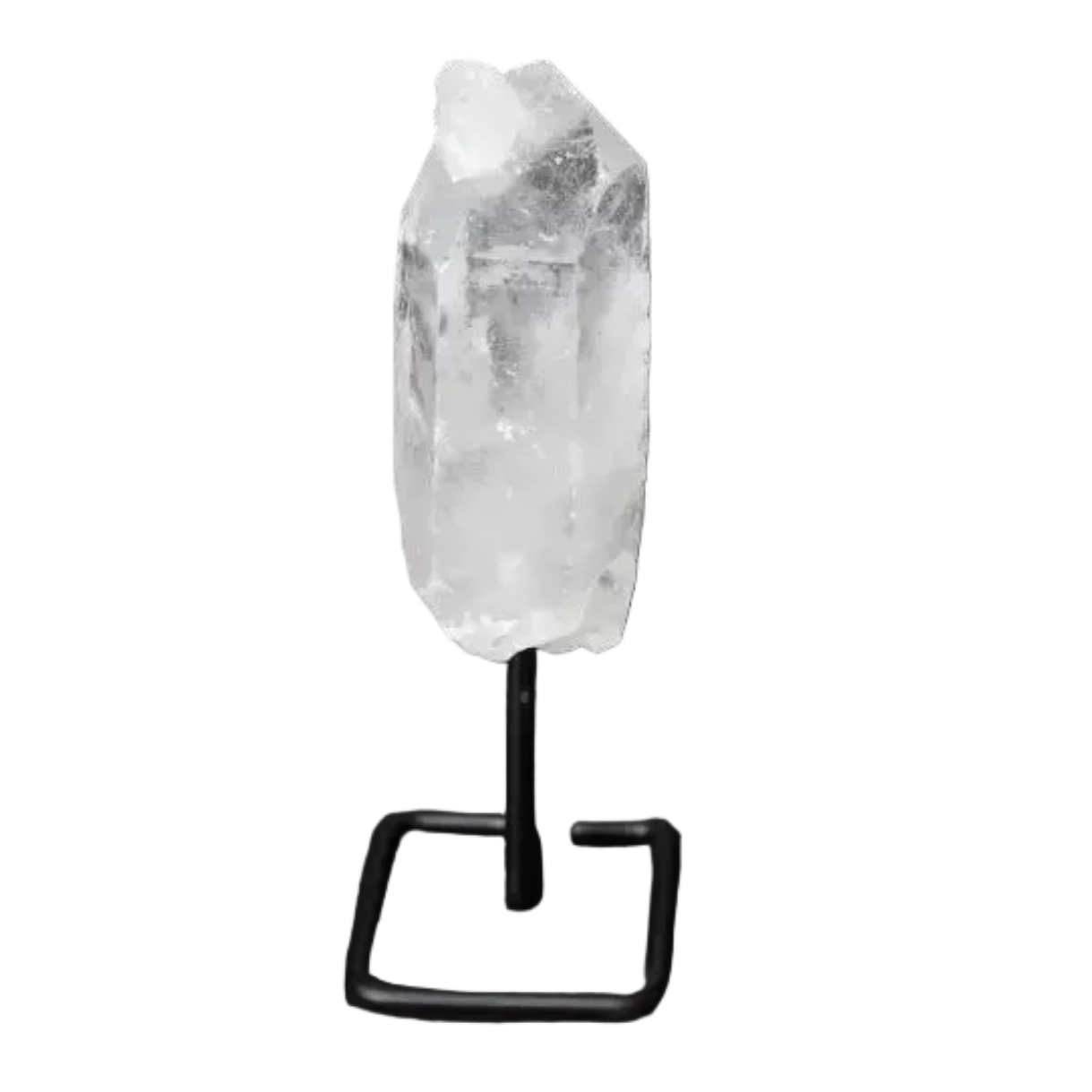 Natural Clear Quartz Point on black stand for energy amplification and clarity.