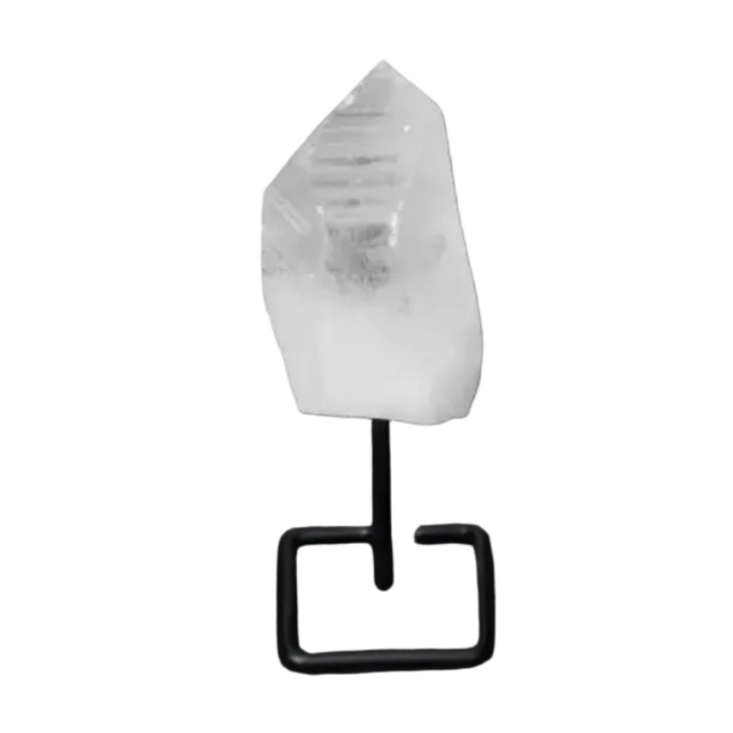 Natural clear quartz point on a modern stand for energy alignment and amplification, ideal for meditation and manifestation.