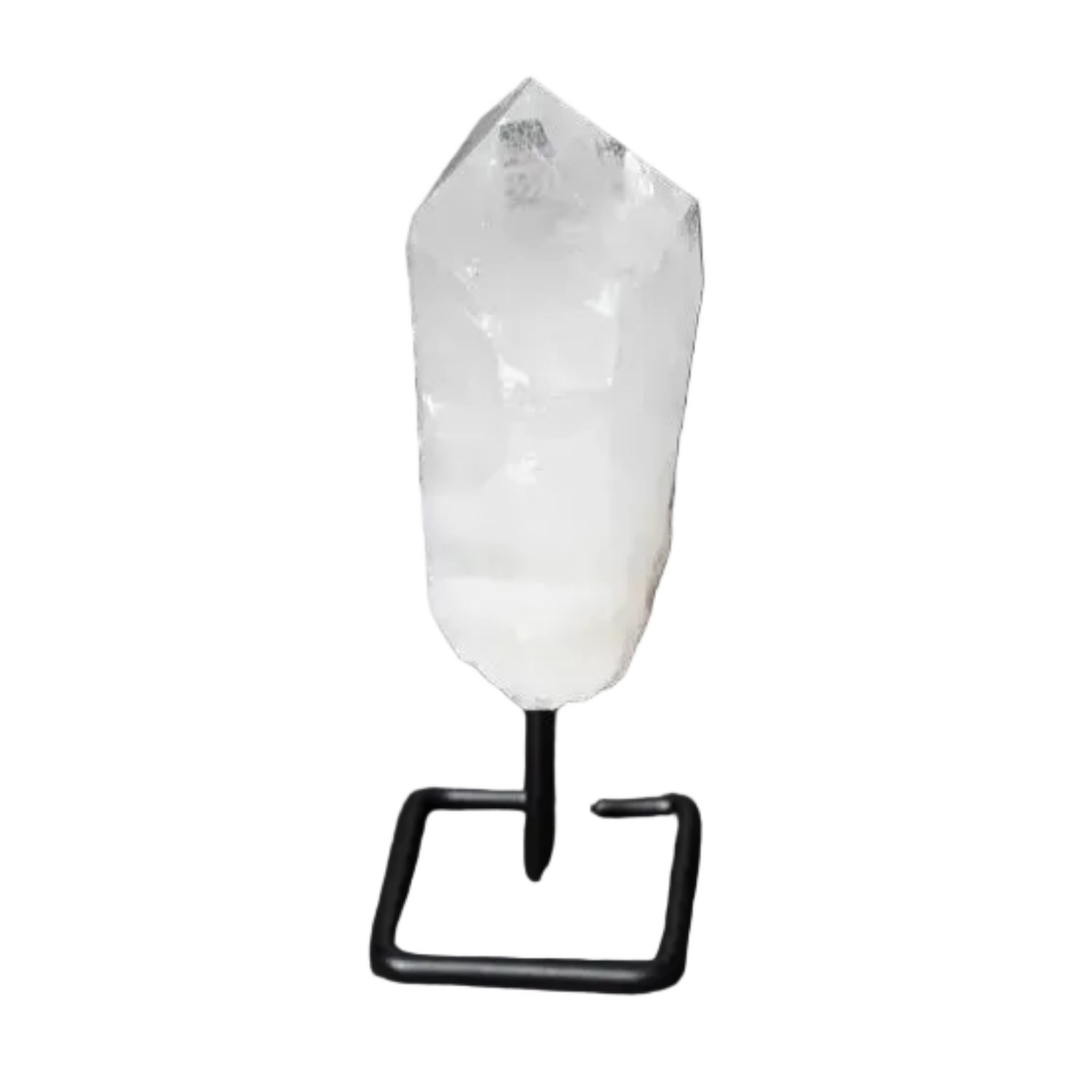 Clear Quartz Point on stand, enhances meditation, energy work with sophisticated display, known for amplifying energy and clarity.