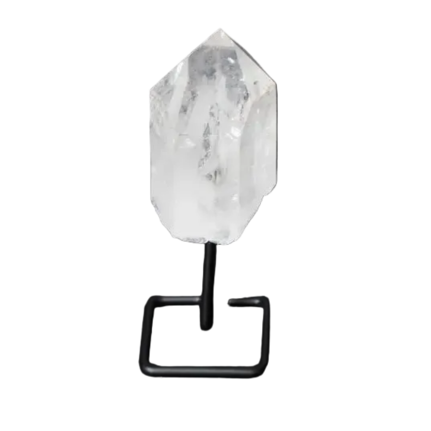 Natural Clear Quartz point on a stand, amplifying energy and clarity, ideal for meditation and energy work, with a modern, elegant design.