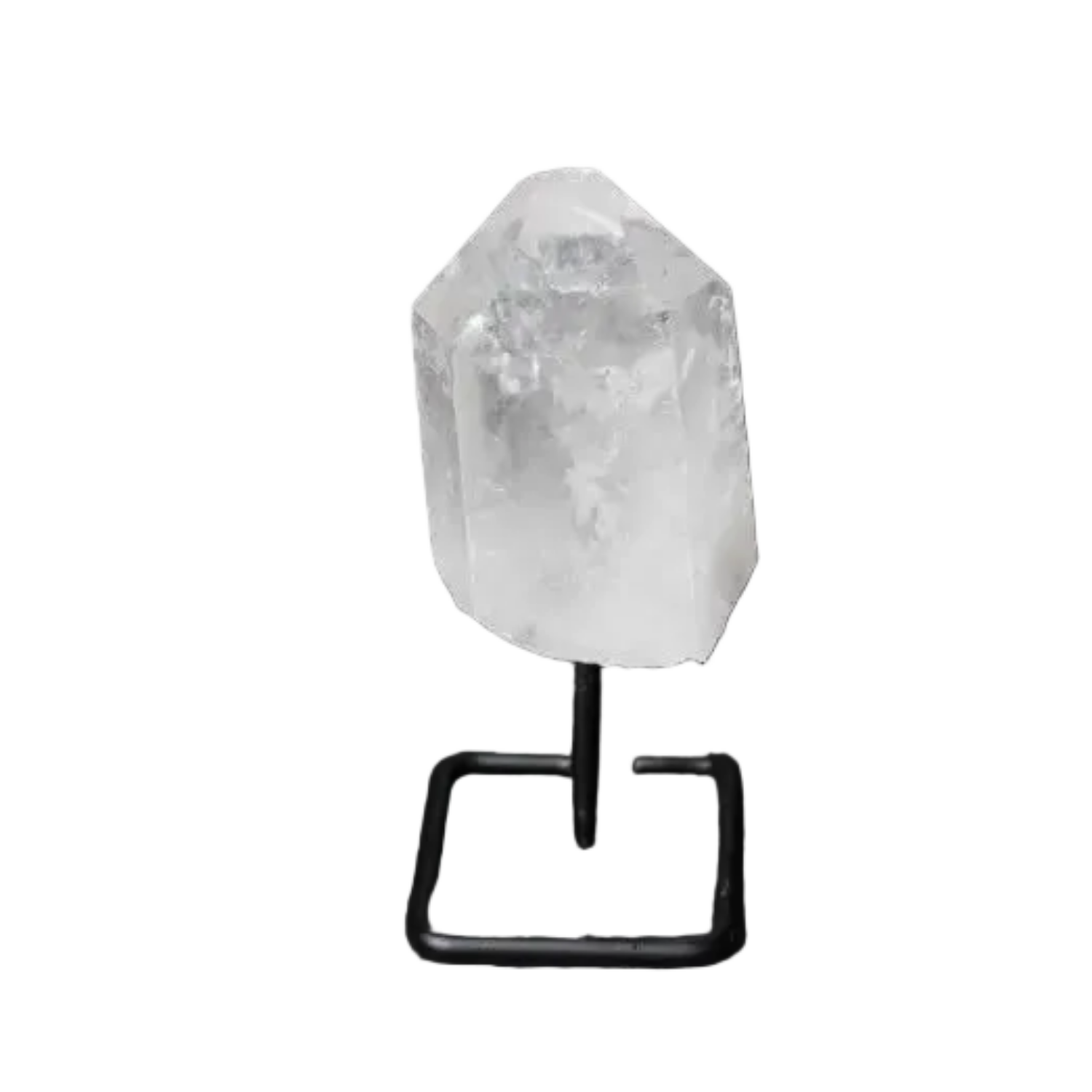 Natural Clear Quartz Point on stand for energy amplification, meditation, and clarity.