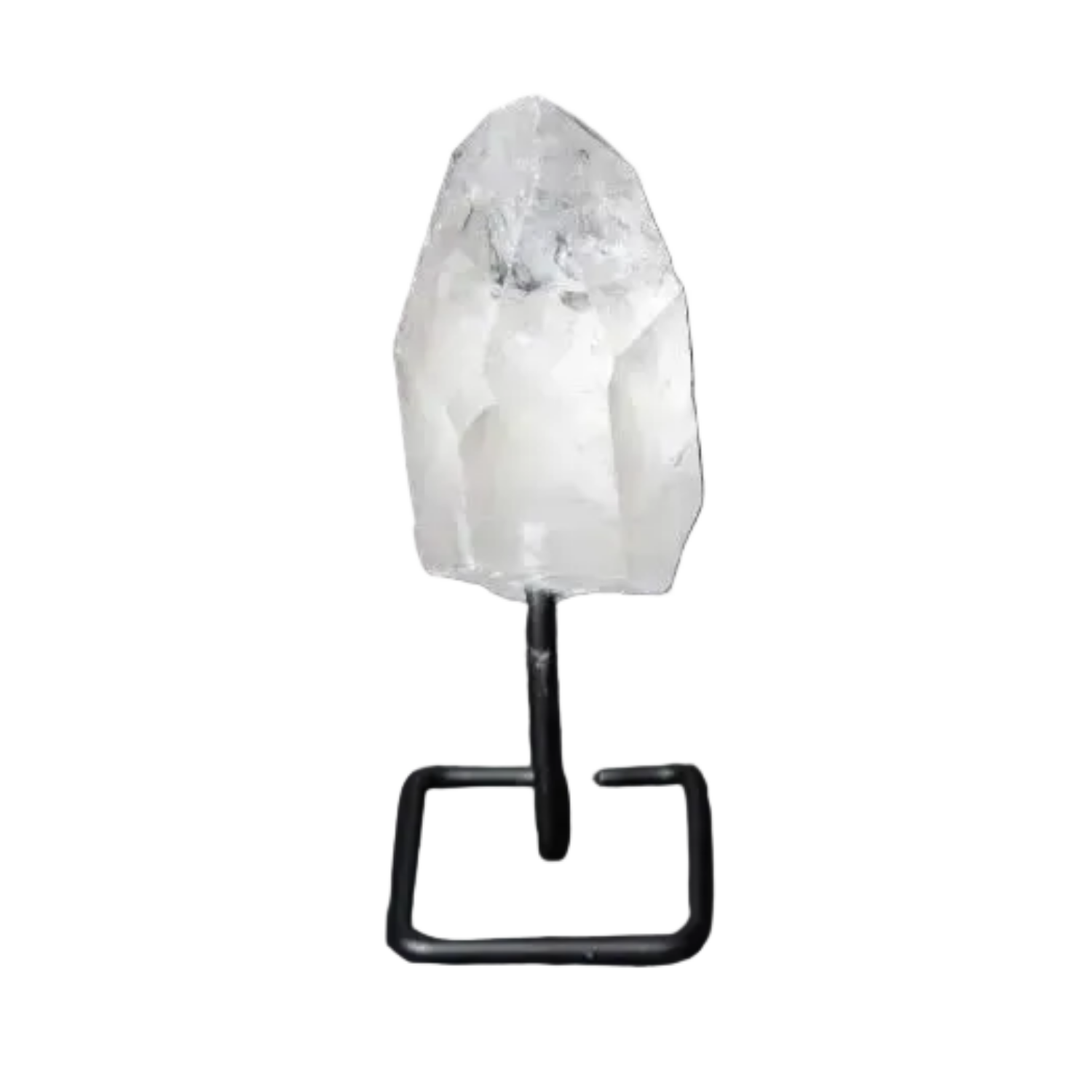 Alt Tag: Clear Quartz Point on modern stand for meditation, energy amplification, and focus; ideal for home decor and healing practices.