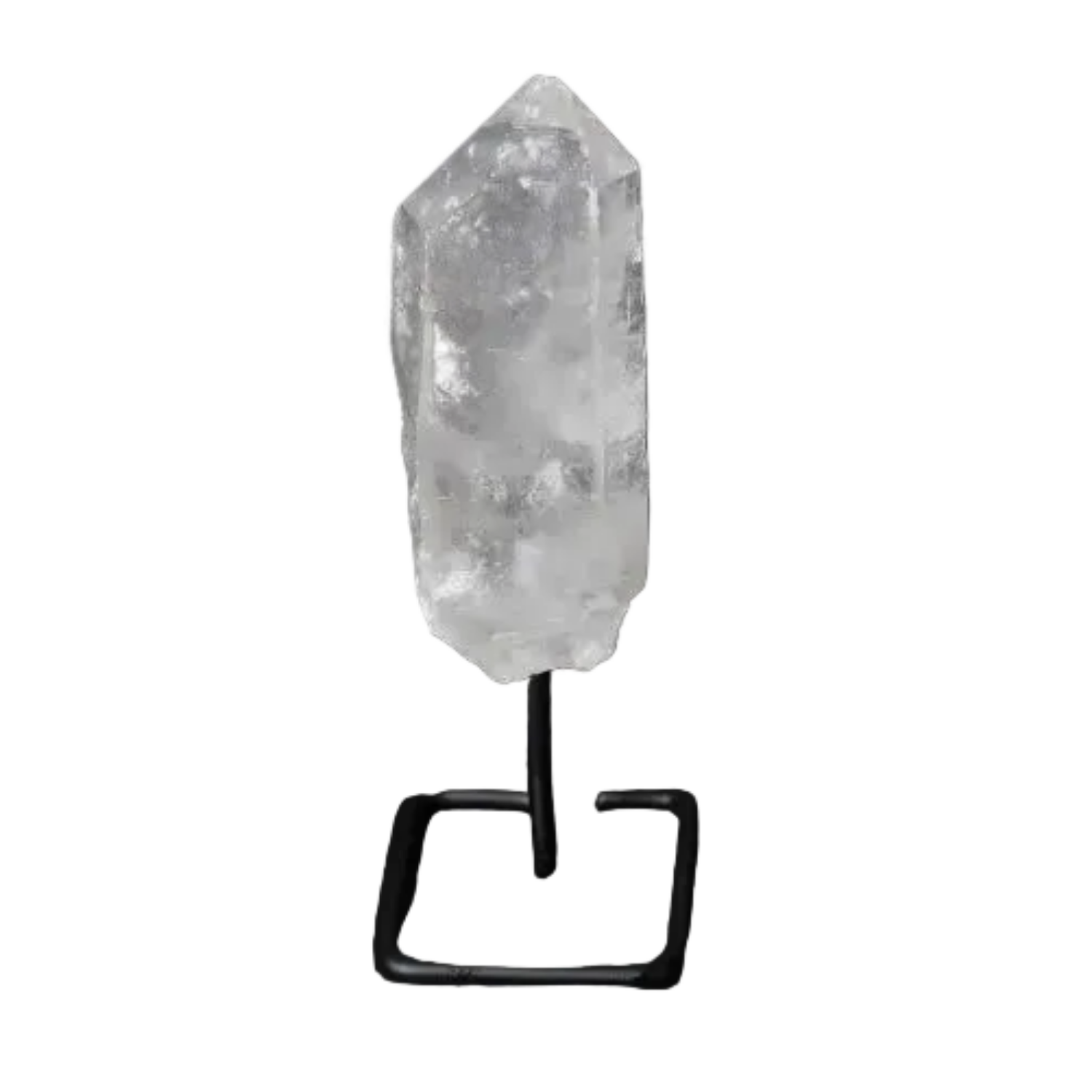 Natural Clear Quartz Point on stand, known as Master Healer, for amplifying energy and intention, ideal for meditation and clarity.