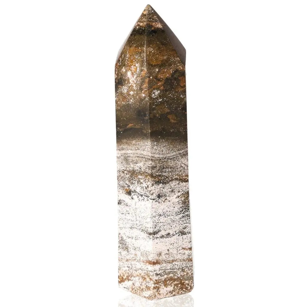 Ocean Jasper Tower crystal, known as the Stone of Joy and Tranquility, featuring earthy tones and a polished finish.