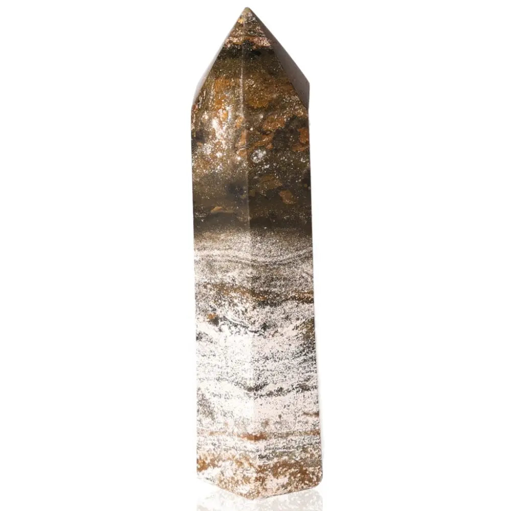 Ocean Jasper Tower crystal promoting joy and tranquility with its unique patterns, known as the "Stone of Joy and Tranquility."