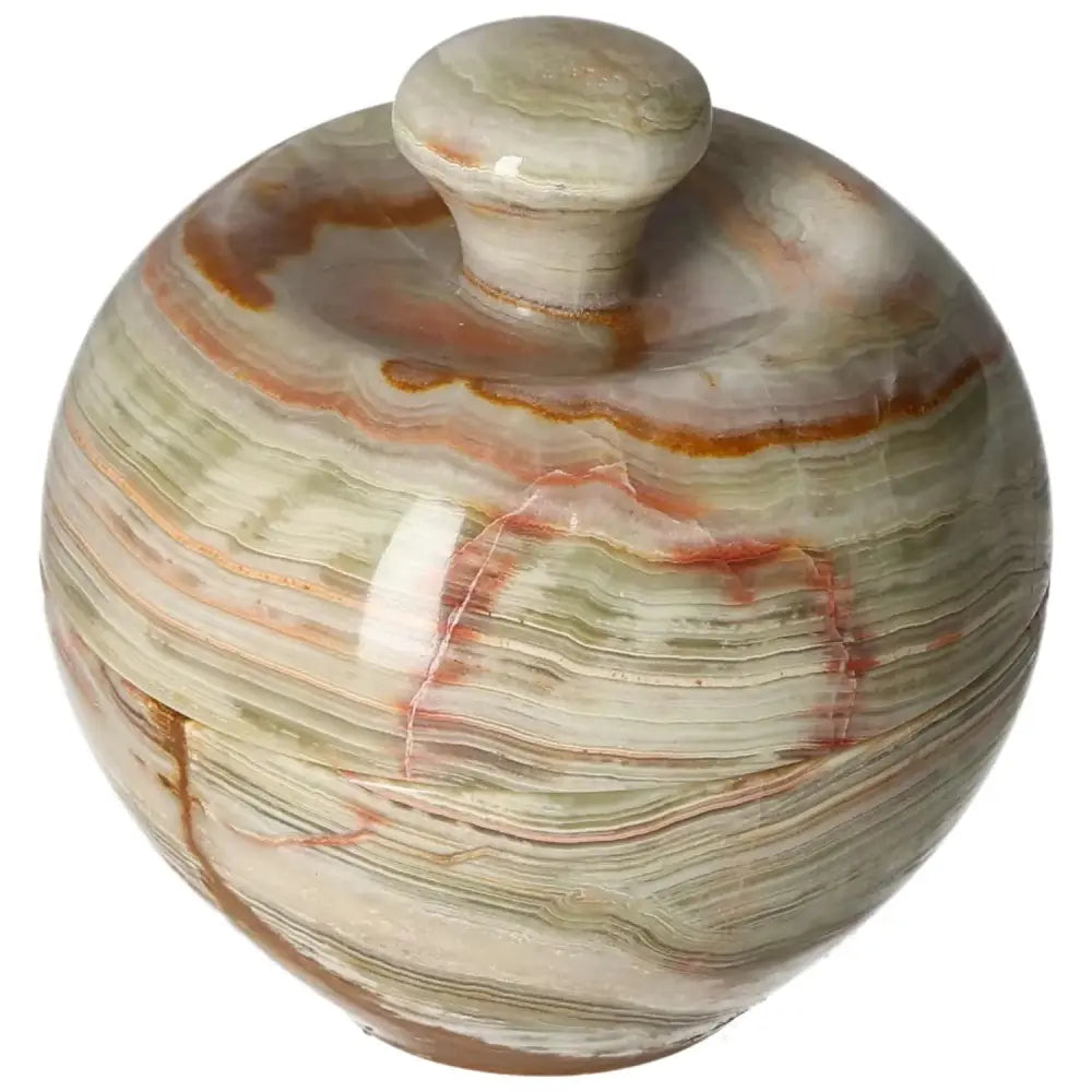 Elegant 10cm onyx bowl with lid showcasing natural veining and polished finish, perfect for adding a sophisticated touch to home décor.