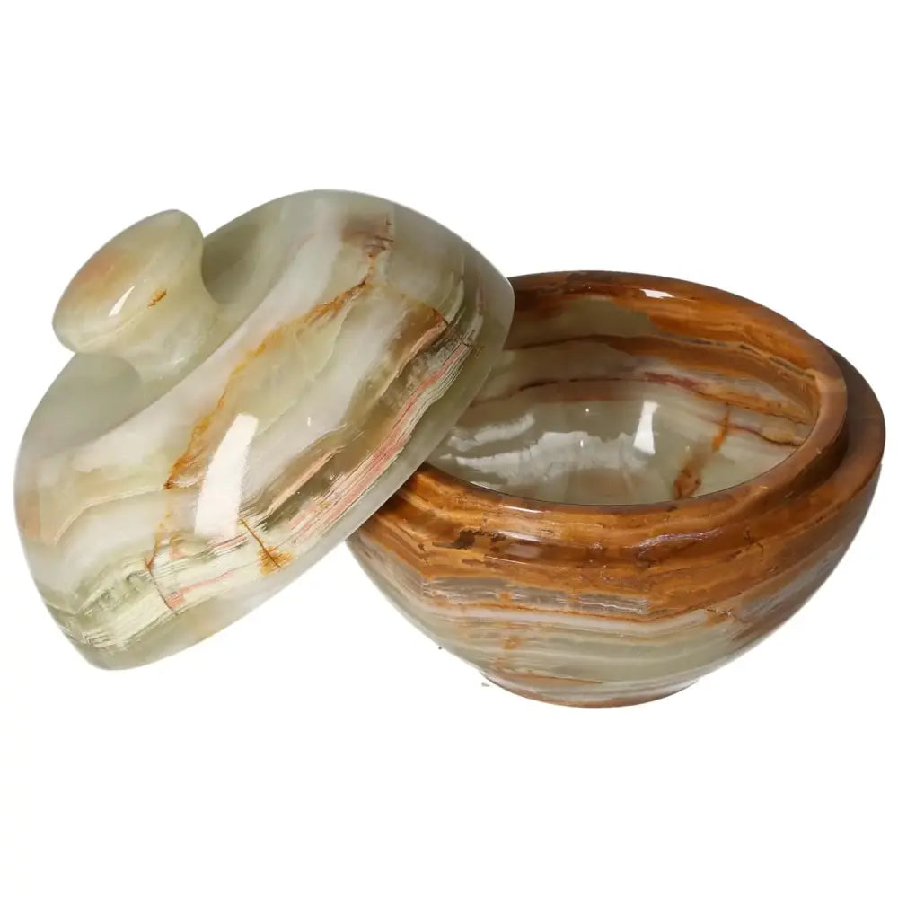 Onyx 10cm bowl with lid showcasing elegant veining and polished surface, perfect for adding natural sophistication to any décor.