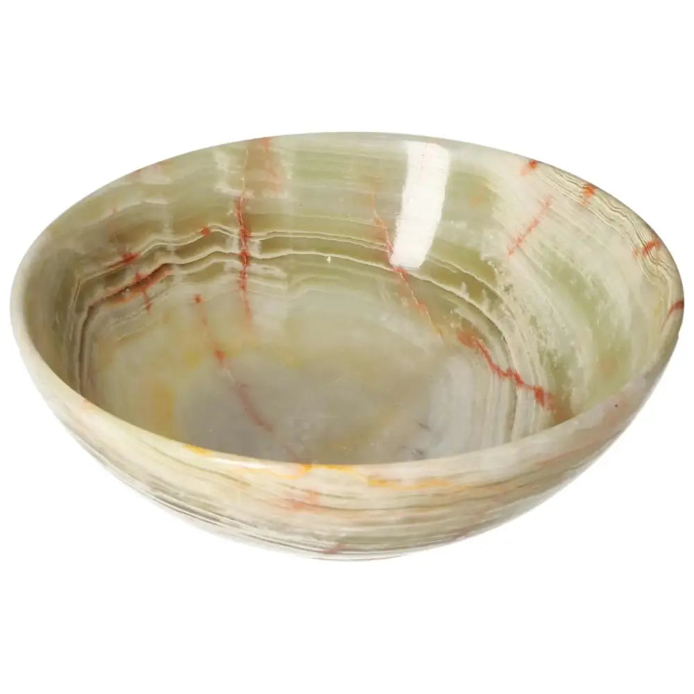 15 cm onyx bowl with smooth, polished surface showcasing unique veining, adding elegant decor to any space with its natural translucency.