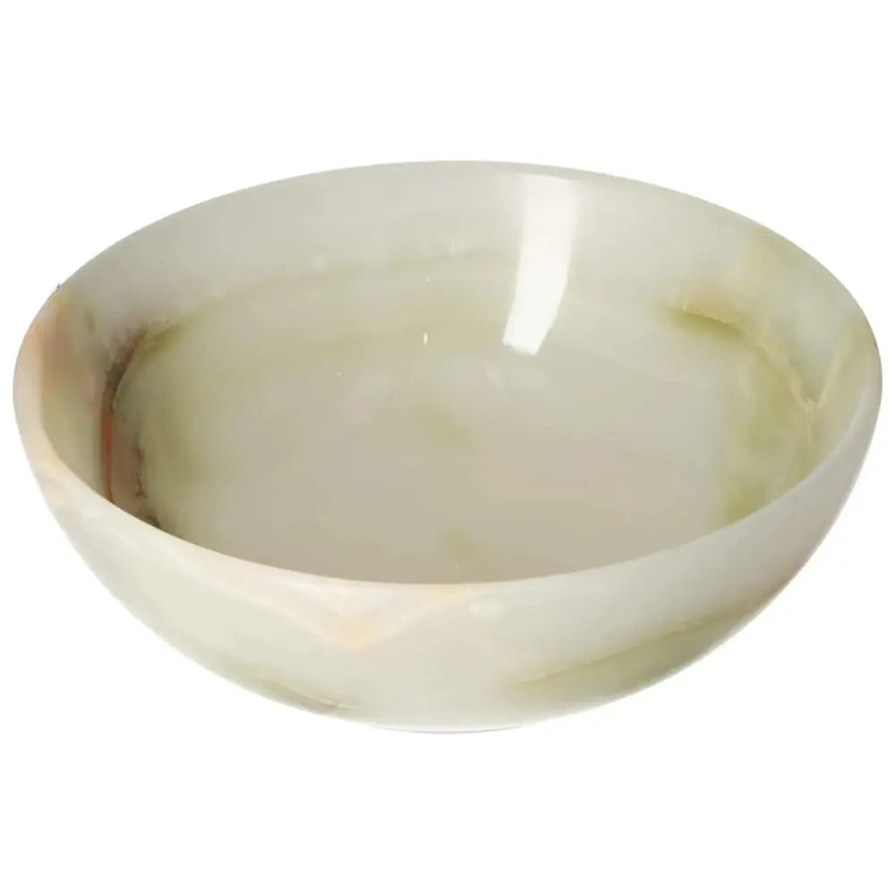 15 cm onyx bowl with polished surface and delicate veining, showcasing light reflection and natural variations in color for home décor.