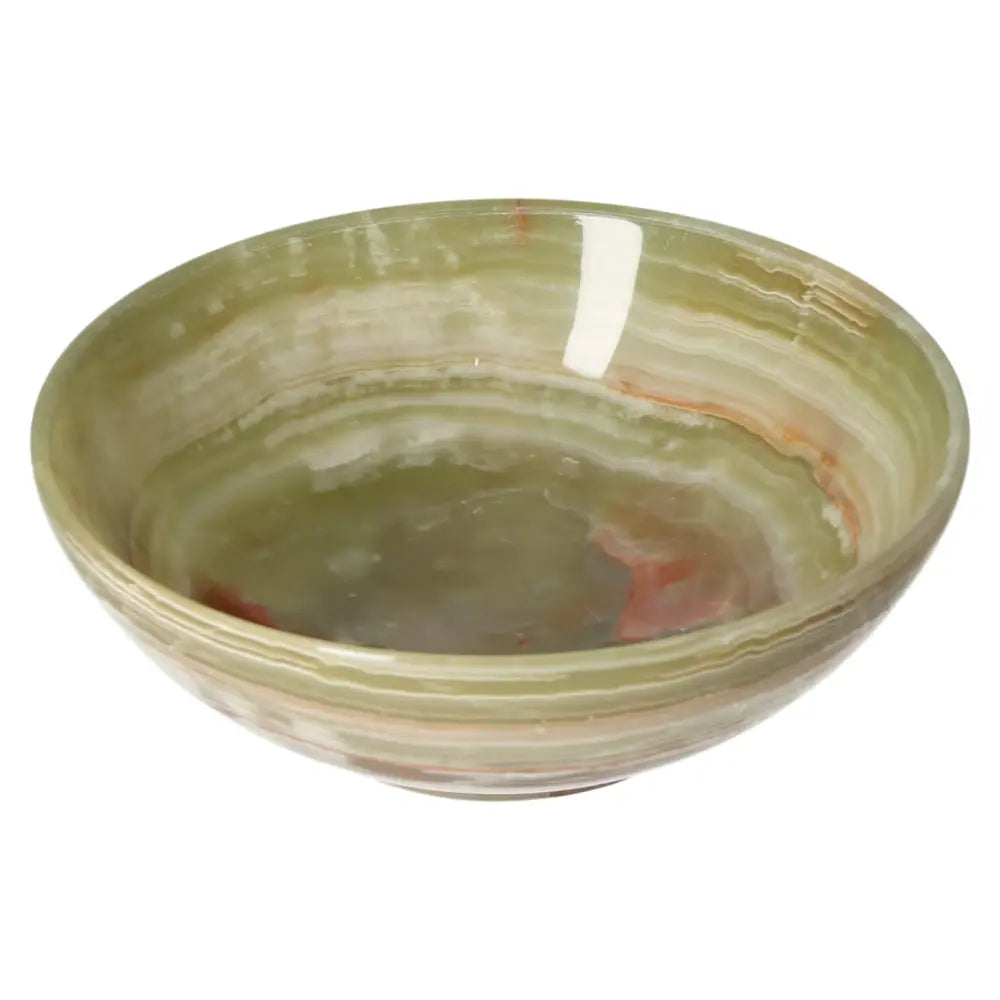 15 cm onyx bowl with polished surface and natural veining, showcasing elegant decor and craftsmanship.
