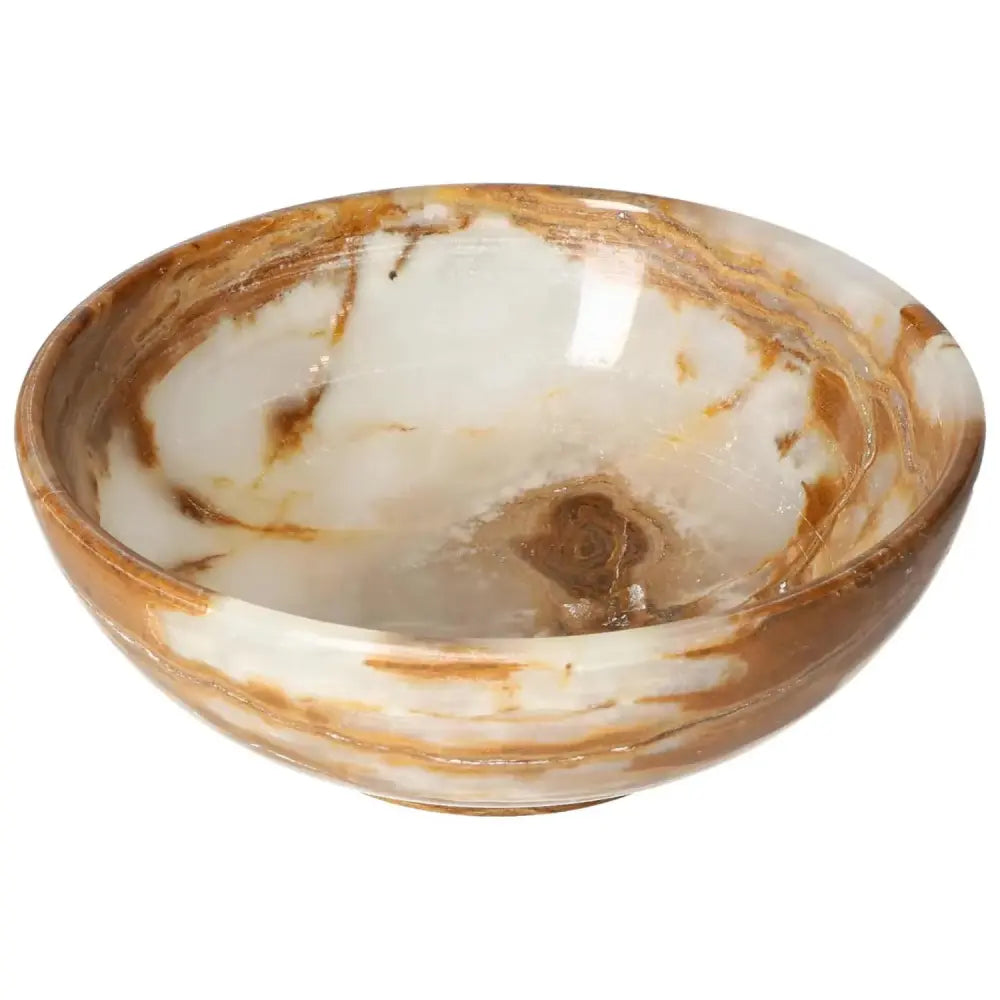 Elegant 15 cm onyx bowl with polished surface and unique veining, perfect for sophisticated home décor.