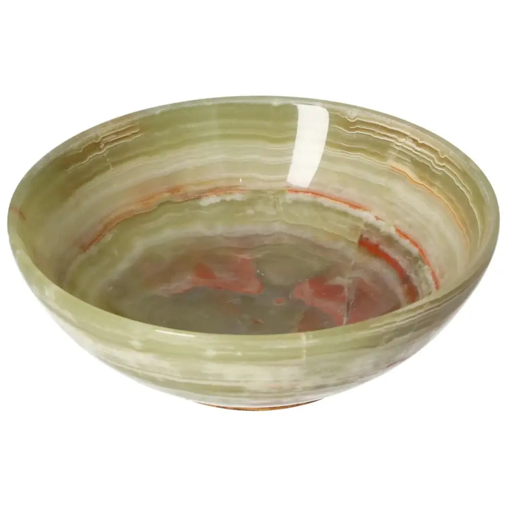 Elegant 15 cm onyx bowl with green veining, smooth polished surface, and unique variations, perfect for sophisticated home décor.