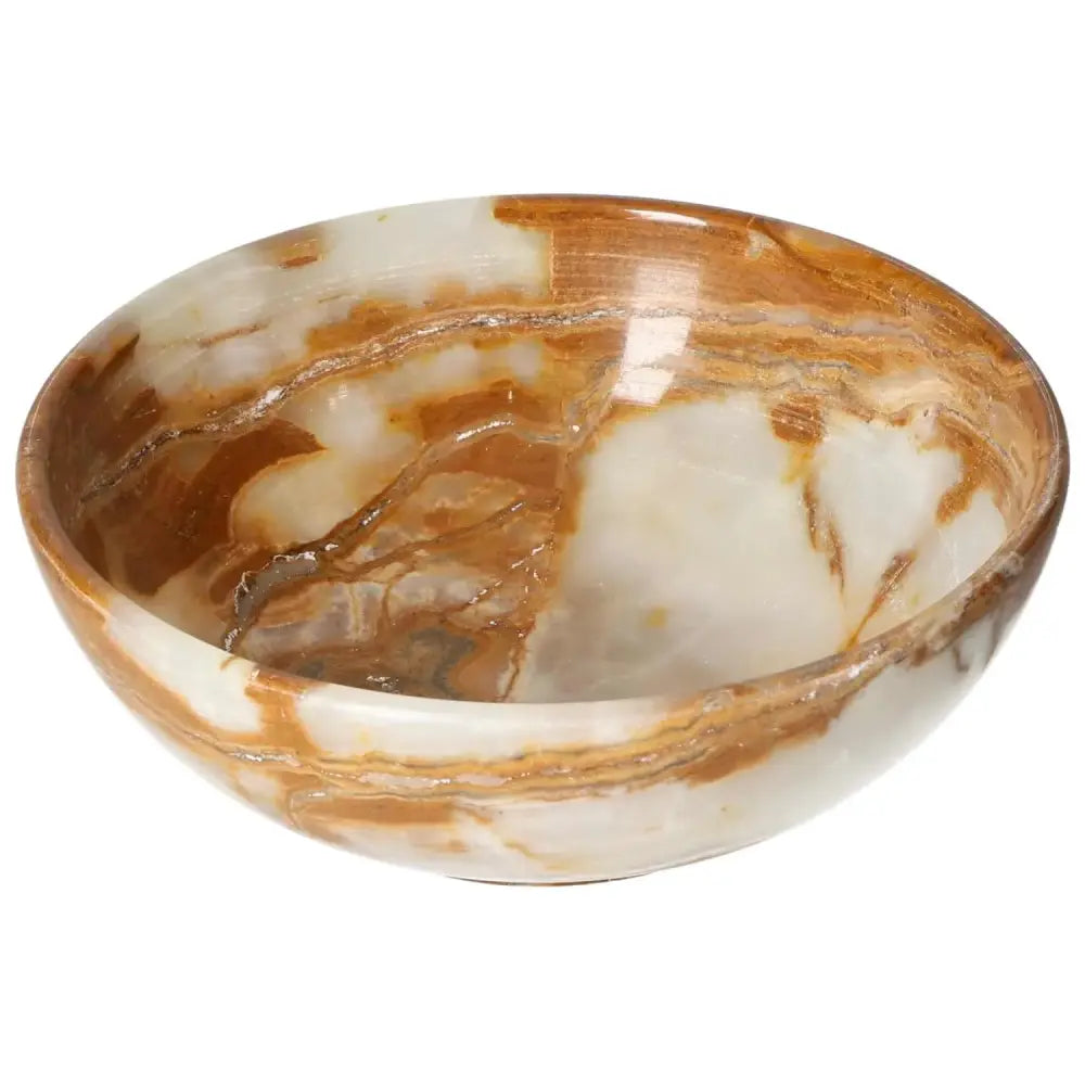Elegant 15 cm onyx bowl with natural veining, showcasing polished surface and soft translucency, perfect for sophisticated décor.