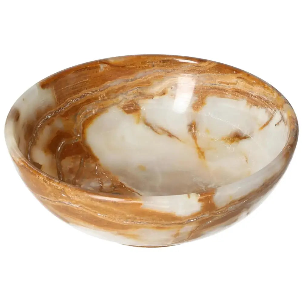 Onyx bowl 15 cm with elegant veining and polished surface, showcasing unique natural patterns and warm, sophisticated tones.