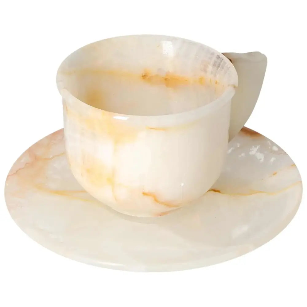 Exquisite off-white onyx coffee cup with plate set, showcasing unique patterns and a smooth, polished finish. Elevate your coffee ritual.