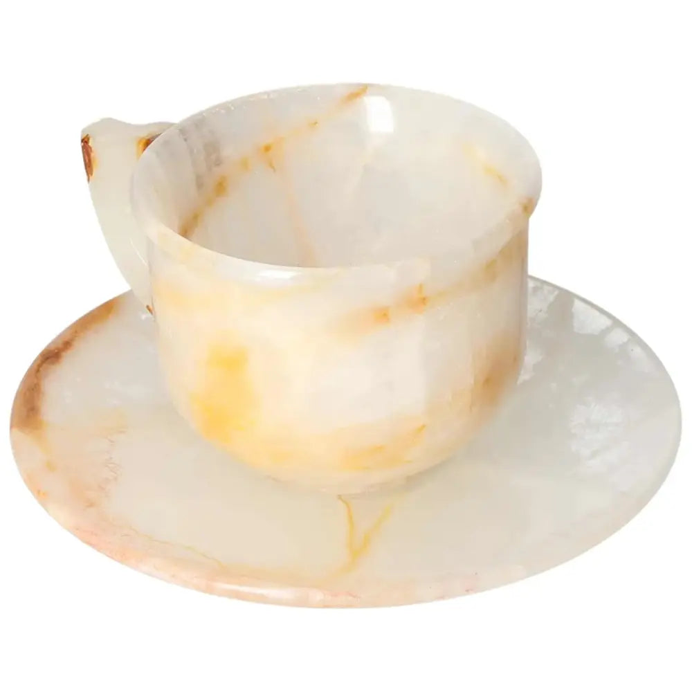 Elegant off-white onyx coffee cup and plate set, showcasing unique natural patterns and a polished surface, ideal for elevating your coffee experience.