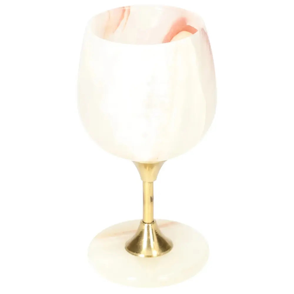 Luxurious off-white onyx wine glass with elegant veining and a polished finish, featuring a gold stem, perfect for sophisticated occasions.