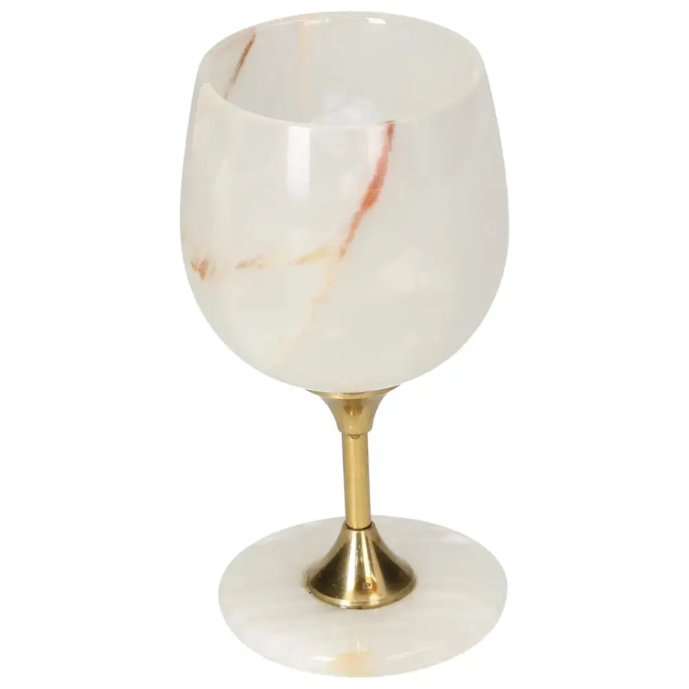 Elegant onyx wine glass with unique veining and polished finish, featuring a gold stem, perfect for sophisticated dining experiences.