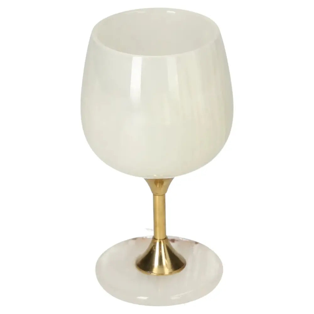 Elegant onyx wine glass with unique off-white color variations and polished finish, perfect for sophisticated dining settings.